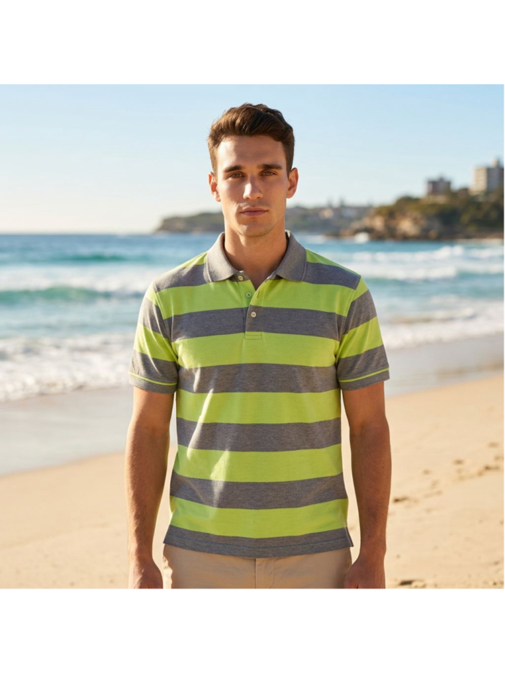 Men's JOHN BARTLETT Polo Shirt Large Neon Green Gray Striped Collared Y2K Preppy